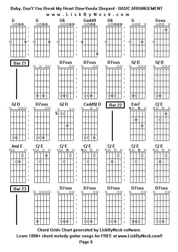 Chord Grids Chart of chord melody fingerstyle guitar song-Baby, Don't You Break My Heart Slow-Vonda Shepard - BASIC ARRANGEMENT,generated by LickByNeck software.